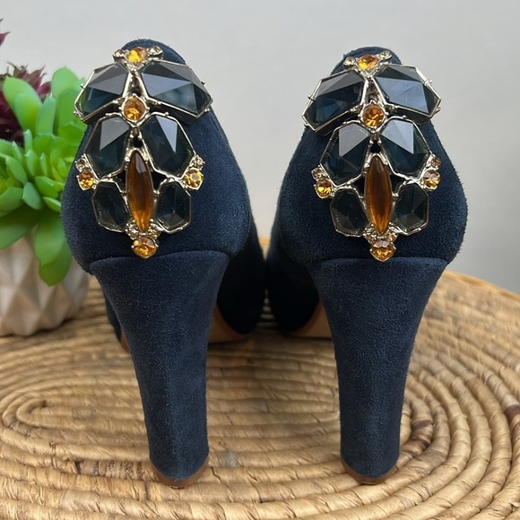 Miss Albright Suede Heels Pumps Navy Rhinestone Leather 6 Minnie Anthro Jewel - Picture 3 of 8